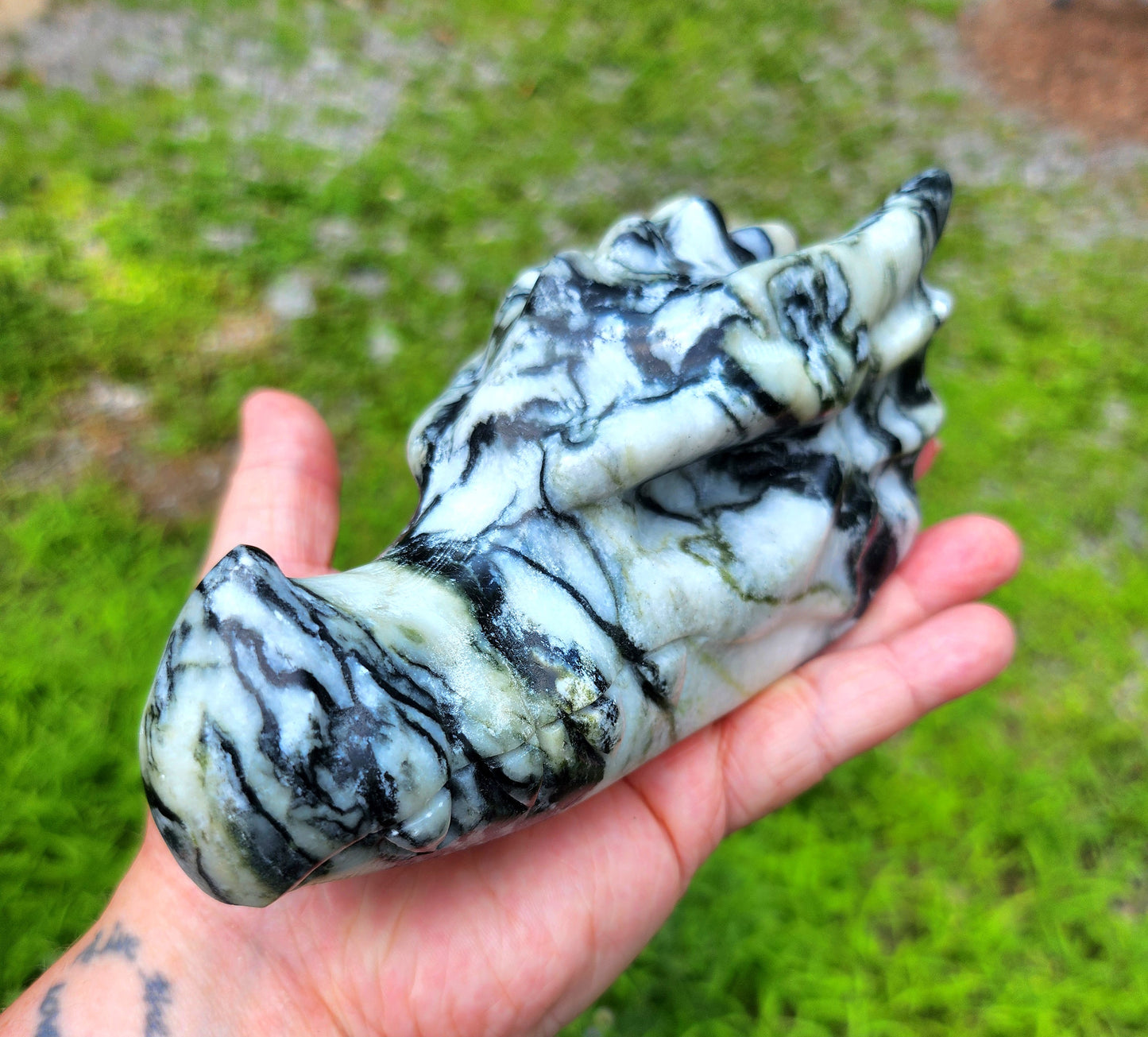 Moss Agate & Shell Jasper Dragon Carvings