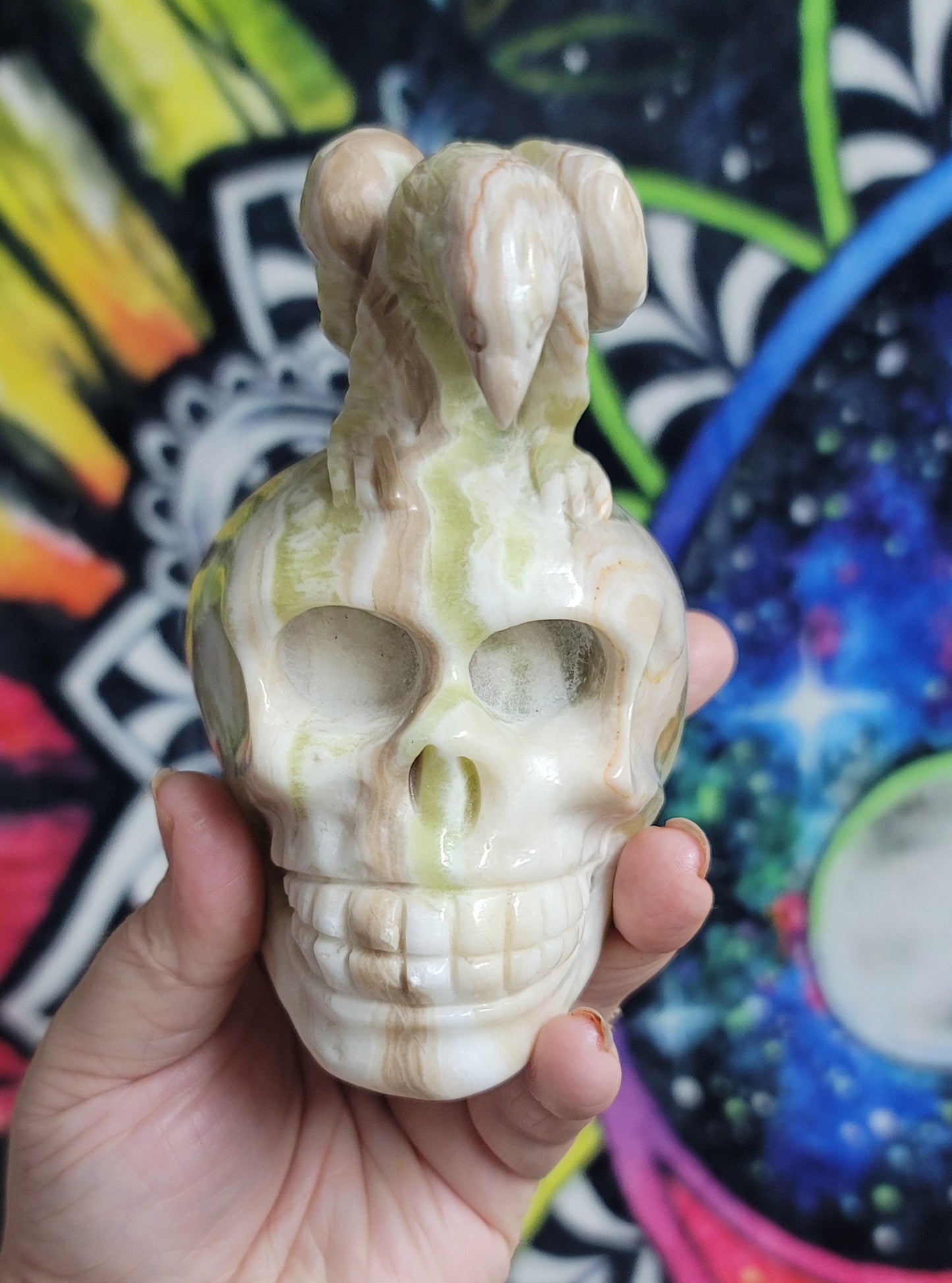 Nephrite Jade Skull w/Crow Carving