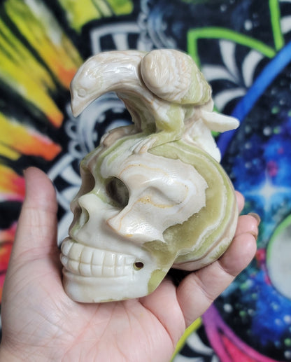 Nephrite Jade Skull w/Crow Carving