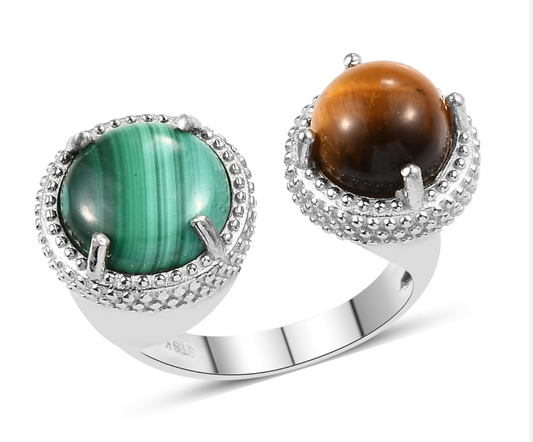 African Malachite and South African Tiger's Eye Open Band Ring in Platinum - Size 9