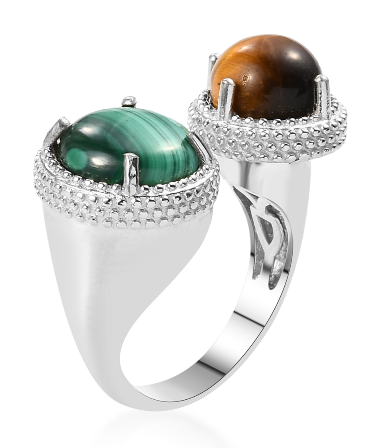 African Malachite and South African Tiger's Eye Open Band Ring in Platinum - Size 9