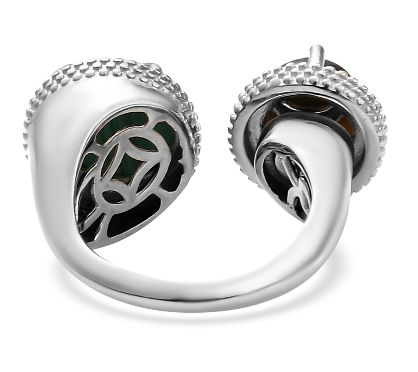 African Malachite and South African Tiger's Eye Open Band Ring in Platinum - Size 9