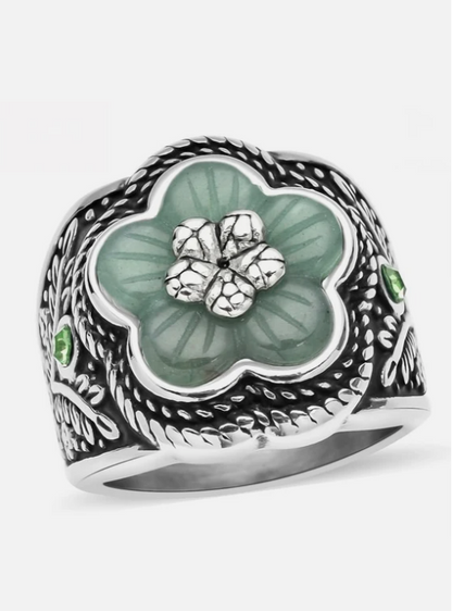 Green Aventurine Carved & Peridot Crystal Flower Ring in Stainless Steel - Size 9