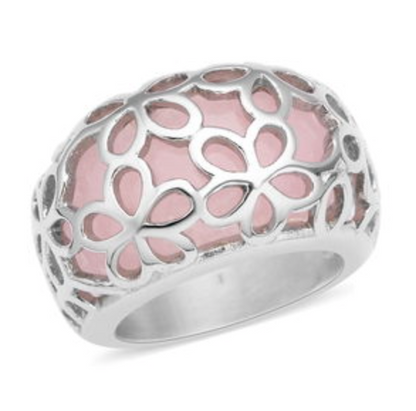 Rose Quartz Floral Dome Ring in Stainless Steel - Size 8