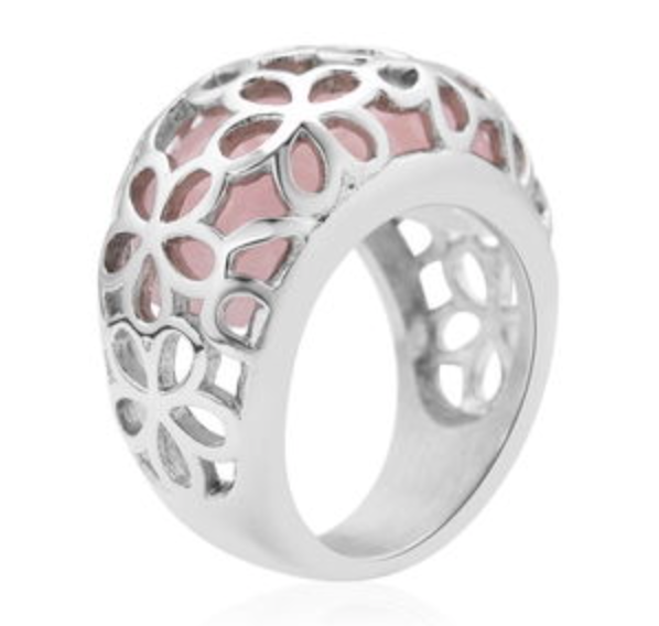 Rose Quartz Floral Dome Ring in Stainless Steel - Size 8